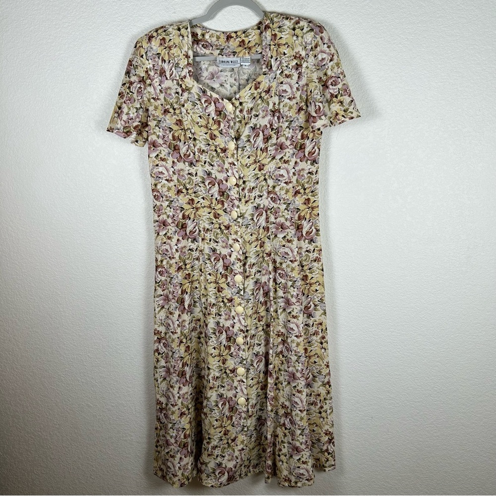 VTG Caroline Wells Women’s Sz 6 rayon floral shirtdress with sweetheart neck